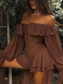 Fitted Cold Shoulder Party Dress For Women Sexy Long Sleeve Short Knitted Material With Corset Style, Perfect For Fall - Brown - View 4