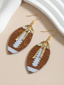 1 Pair Sporty Sequin Print Football & Bow Knot Layered Women's Earrings - Brown - View 3