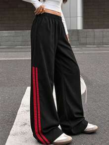 1pc Girls' Vintage Outdoor Sports Side Colorblock Striped Wide Leg Casual Pants For Daily Streetwear - Black - View 7