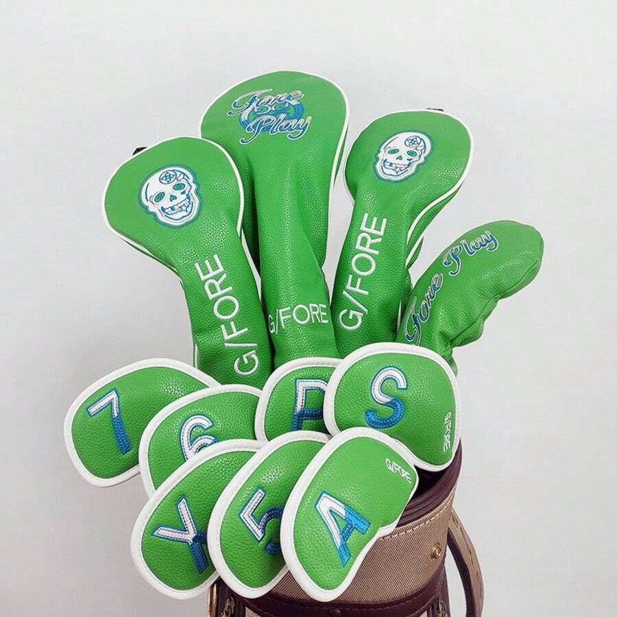Green Golf Club Headcover Set, Embroidered Skull Pattern, Suitable For Driver, Fairway Wood, Hybrid, Iron And Putter, Unisex Golf Protective Accessories - D - View 1