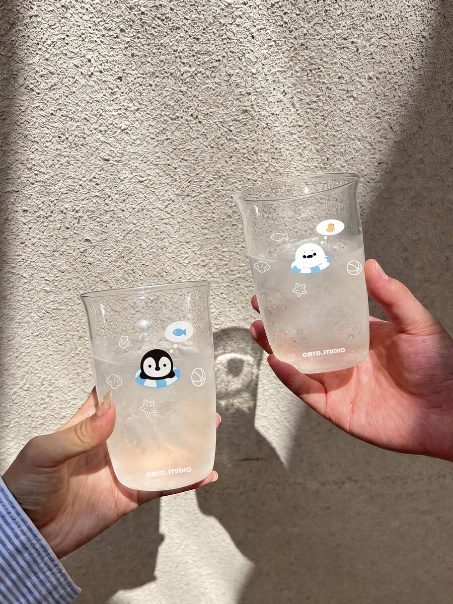 1pc Cute Penguin & Seal Glass Cup, Swim Ring Seal Coffee Mug, Exquisite, Suitable For Home Decor Drinkware, Coffee Shop Latte Art Cup, Party Gathering Cold Drink Cup, Gift, Holiday Decoration