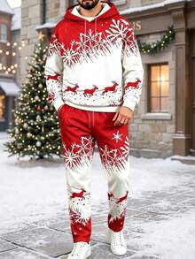 Men's Christmas Snowflake Print Comfortable Hoodie And Pants Set - متعدد الألوان - مشاهدة 1