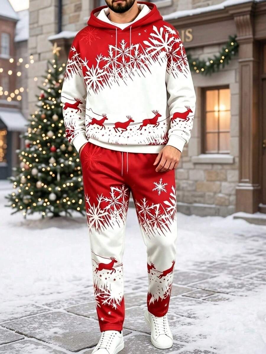 Men's Christmas Snowflake Print Comfortable Hoodie And Pants Set - متعدد الألوان - مشاهدة 1