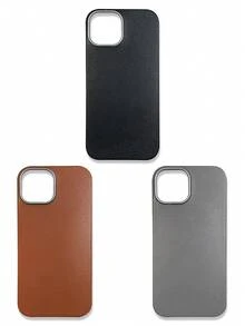 1 Set 3pcs Solid Color Lychee Texture Faux Leather Large Window Phone Case Covers, Black / Caramel Brown / Premium Gray Minimalist Solid Color Leather Texture Full Coverage Protective Shell, Raised Camera Frame Anti-Drop Anti-Slip Soft Shell, Business Commute Premium Style, Autumn/Winter Bestselling Phone Case, Suitable For Personal Use, Birthday Gift Choice; Compatible With IPhone Case & Galaxy Case, Compatible With IPhone 17/17 Pro/17 Pro Max - Multicolor - View 14