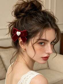 2pcs Vintage Burgundy Velvet Bow Hair Clips, Heart Pearl Decor Alligator Hair Clip Set, Sweet Style Side Hair Styling Hair Accessories - Multicolor - View 2