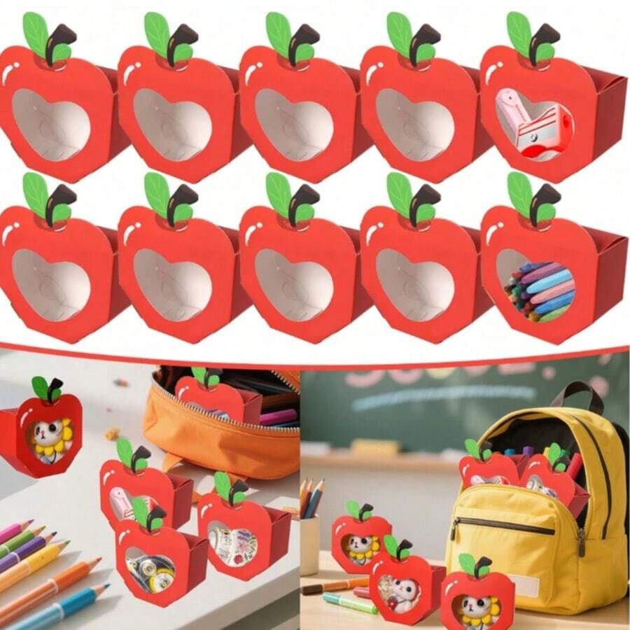 10/20 Pcs Christmas Apple Shaped Gift Box Mini Red Apple Paper Candy Boxes Cartoon Creative Gift Wrapping Box For Back To School Birthday Holiday Party Favors Gifts Packaging Supplies - Red - View 1