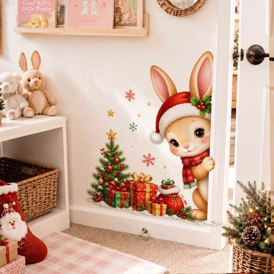 Christmas Bunny Door Decal, Cute Rabbit Peeking Wall Sticker With Christmas Tree And Gift Box, Holiday Home Decoration Sticker For Bedroom Living Room Door - Christmas Wall Decals - View 1