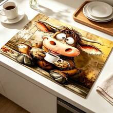1pc Dish Drying Mat, Coffee Machine Mat, Cute Cartoon Cow Drinking Coffee Pattern Dish Drying Mat, Suitable For Bar, Dining Table, Kitchen Countertop, Autumn Daily Use, Thanksgiving Warm Decor, Multi-Purpose Drying Mat, Home Gift, Desktop Decoration - XYLSD-1041 - View 2