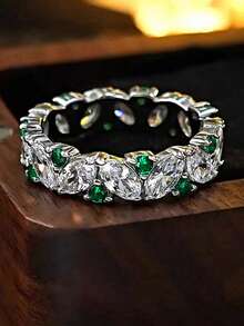1 Pair Marquise Cut Green Crystal Eternity Band Ring Mixed Sparkling Faceted Stones Stackable Statement Fashion Jewelry Gift For Women - Minimalist Leaf-shaped Ring - View 1