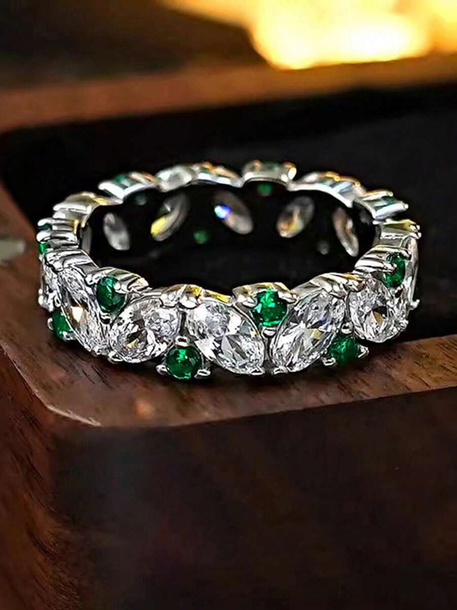 1 Pair Marquise Cut Green Crystal Eternity Band Ring Mixed Sparkling Faceted Stones Stackable Statement Fashion Jewelry Gift For Women - Minimalist Leaf-shaped Ring - View 1