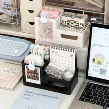 [Back To School]Cute Desktop Organizer With Drawer And Photo Frame, Multi-Functional Stationery, Cosmetics And Small Items Storage Box, Macaron Color Office/Dorm Desk Organizer - Compartment Pen Holder - View 10