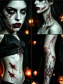 3PCSRealistic Halloween Fake Scar Tattoo Stickers, Waterproof Temporary Wound Decals For Zombie Vampire Cosplay, Halloween Party Costume Accessories - Red - View 3