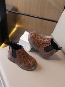 Kids Leopard Print Ankle Boots, Side Zipper & Elastic Panel Design, Round Toe Thick Sole Casual Short Boots For Toddler Girls, Daily Outdoor Wear - Mocha Brown - View 4