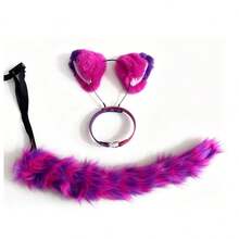Halloween Cat Costume Accessory Set, Includes Fluffy Tail, Ear Headband, Faux Leather Collar, Suitable For Cosplay - Pink Purple Stripes - View 11