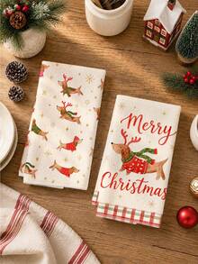 2pcs Christmas Dachshund With Scarf And Snowflake Pattern Kitchen Towels, Soft Polyester Dish Cloths, Suitable For Kitchen Decor, Kitchen Cleaning, Holiday Party Decoration, Kitchen Bathroom Supplies Home Essentials, Home Decor, Housewarming Gift - Multicolor - View 6