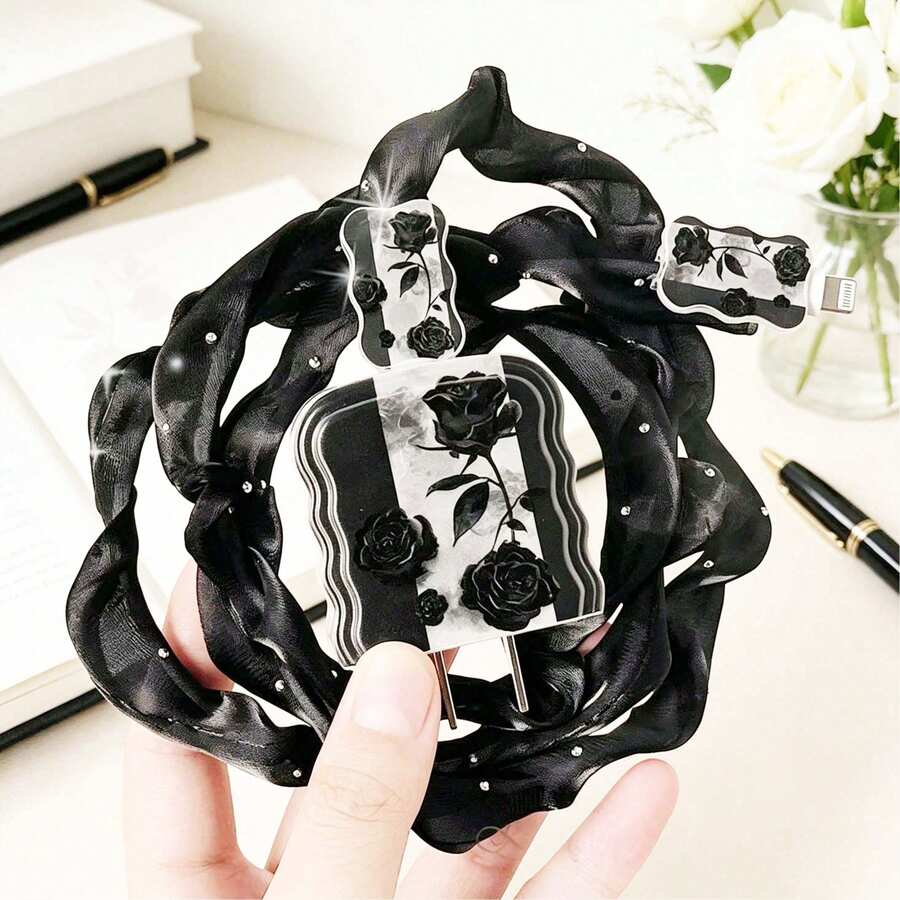 Black Floral Pattern Charger And Cable Protection Set, Compatible With Apple 18-20W Charging Cable, Anti-Break Cable Organizer - Multicolor - View 1