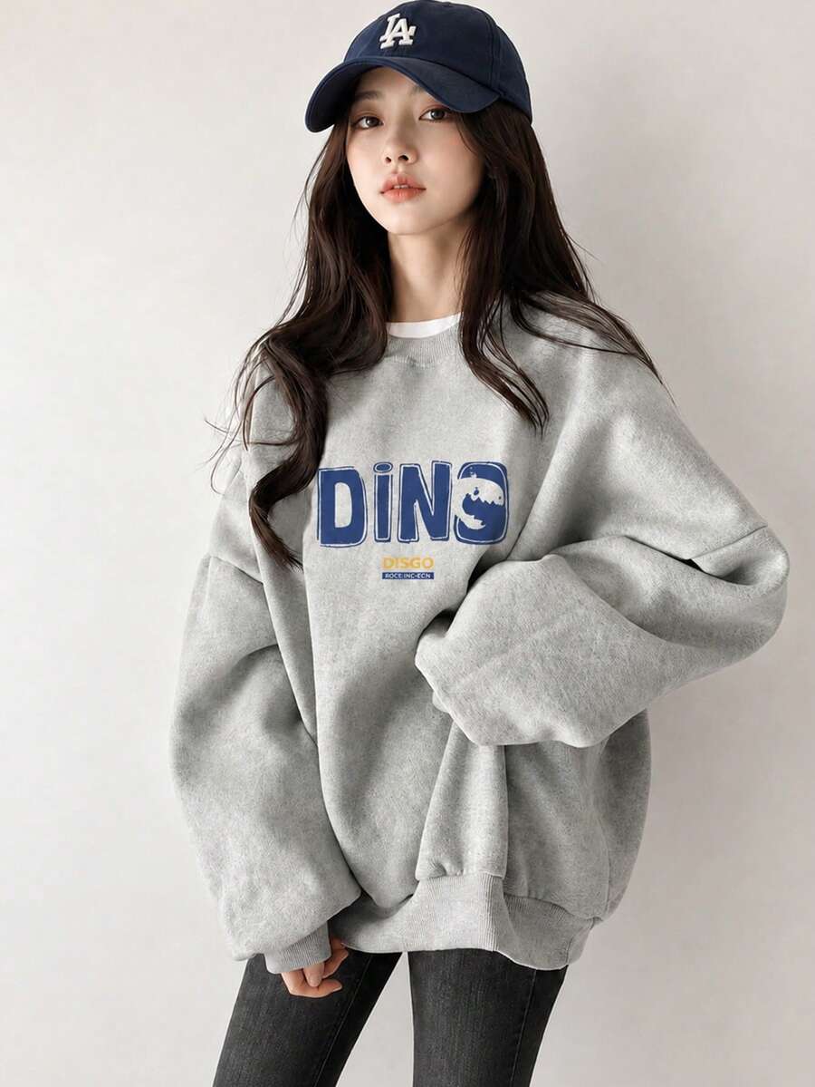 女款秋冬休閒寬鬆百搭日系字母印花圓領衛衣 - 深灰色 - 查看 1
