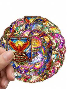 50Pcs Aesthetic Stained‑Glass Bible Text Stickers, Christian Faith Religious Quote Waterproof Decals, Colorful Decor Stickers For Journal, Scrapbook, Water Bottle, Laptop - Multicolor - View 4