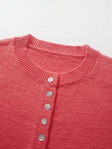 FOR BEAUTY Women's Short Sleeve Knit Cardigan, Red Button Round Neck, Casual Y2K Style, Suitable For Party, Vacation, Outing And Streetwear, Summer And Autumn - Watermelon Red - View 10
