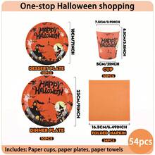 10/24pcs Disposable Paper Tableware Set, Includes 7/9 Inch Disposable Paper Plates, Cups And Napkins, Orange Halloween Theme, Haunted House, Ghost, Pumpkin, Bat And Tombstone Cartoon Patterns, Suitable For Halloween Party Celebration - Halloween Castle - View 10