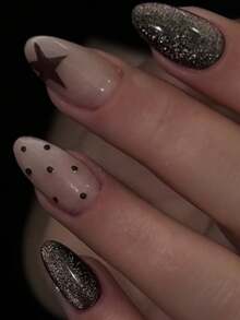 Fall,Autumn, Fall Nails24-Piece Minimalist Almond-Shaped Press-On Artificial Nails, Featuring A Nude Color With Black Glitter Star-Shaped Patterns. Each Set Includes 1 Piece Of Jelly Glue And 1 Stick Of Adhesive. - Multicolor - View 1