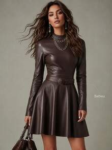 Women's Vintage Brown Faux Leather A-Line Mini Skirt, Long Sleeve PU Dress With Large A-Line Hem, Autumn Style - Coffee Brown - View 2