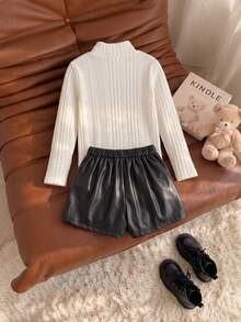 Girls' Autumn/Winter PU Leather Skirt & Shorts Set, Cute 3D Floral Ribbed Long Sleeve Top + Bow PU Leather Shorts, 2 Pieces Set - Black and White - View 8