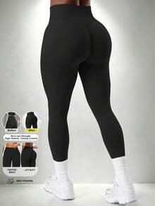 Yefecy Women's Seamless High Waist Leggings, Solid Color Opaque, High Elasticity Tummy Control Long Pants, Suitable For Running, Cycling, Yoga, Gym Workout And Daily Wear - Black - View 2
