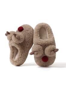Winter Indoor Women's Thermal Lined Slip-On Slippers With Cartoon 3D Christmas Reindeer Plush Decor, Fuzzy Couple Slippers For Bedroom, Holiday Fun - Light Brown - View 9