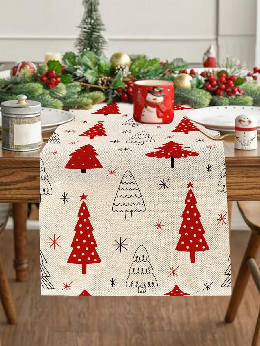 1pc Christmas Pattern Printed Table Runner, 4pcs Christmas Pattern Printed Placemats, Suitable For Holidays, Parties, Birthdays, Dinner, Kitchen Dining Table Decoration, All-Season Room Decor, Home Textile Table Runner - Multicolor - View 1