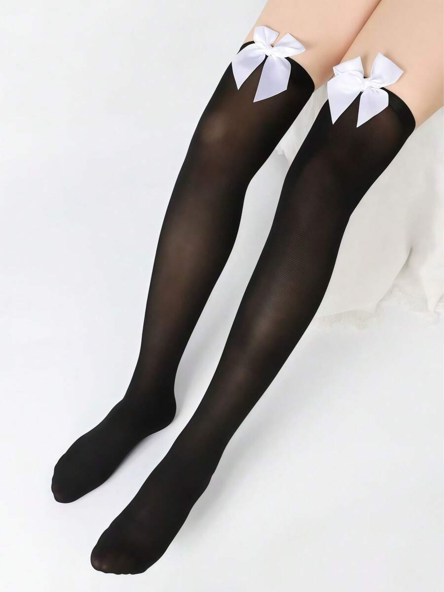 Halloween Solid Color Bow Tights, Christmas Decoration, Cosplay Costume Party - Black - View 1