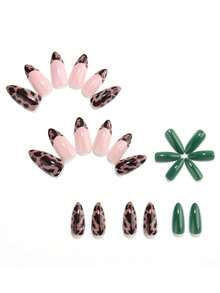 24 Pieces Of Autumn Nail Designs, Medium-Length Almond-Shaped Fake Nails, Emerald Leopard-Print Painted Fake Nails, Complete Coverage Of Autumn Nails, Glossy, Cheetah-Patterned Nail Tips, Artificial Nails - Multicolor - View 3