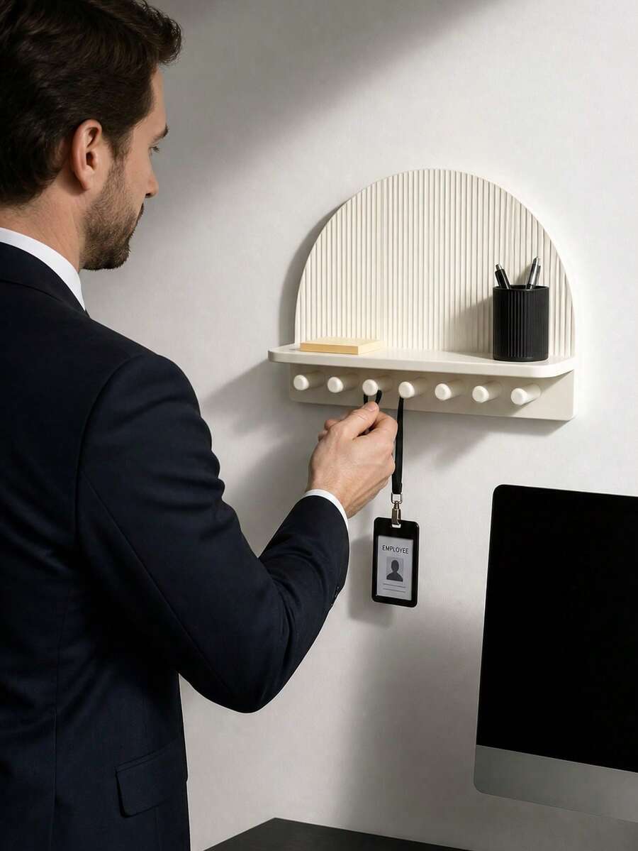 Curved Wall Mounted Storage Rack, Multi-Functional Organizer Shelf, Modern Entryway Key Hook Holder With Desktop Storage Compartment, Hallway Bedroom Office Small Item Wall Hanging Storage Rack, Entryway Key Hook Rack With Countertop Storage - Multicolor - View 1