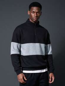 Camvyn Men's Autumn/Winter Casual Fashion Patchwork Loose Drop Shoulder Zip-Up Polo Collar Sweatshirt - Black - View 1