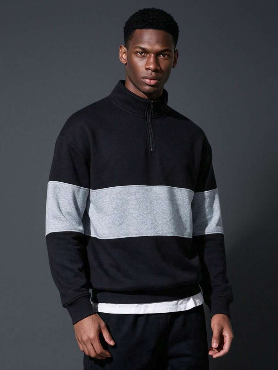 Camvyn Men's Autumn/Winter Casual Fashion Patchwork Loose Drop Shoulder Zip-Up Polo Collar Sweatshirt - Black - View 1