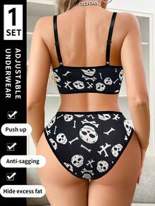 Halloween Print Design Women's Bra And Panty Set, Wireless Thin Sports Lingerie Set - Black - View 2
