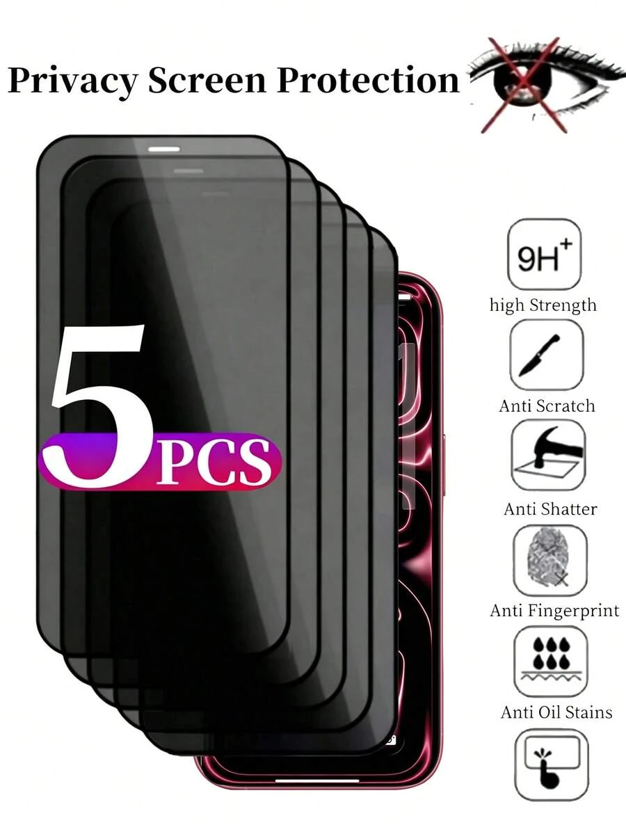 5pcs Privacy Protection Full Screen Tempered Glass Protector Protect Compatible With Iphone Silk Screen Anti Peeping Full Screen Phone Protective Film Compatible With IPhone17/17Air/17Pro/17ProMax/15/15Plus/15Pro/15Promax/14/14Pro/14ProMax/14Plus/13/13Pro/13ProMax/12/12Pro/12ProMax/11/11ProMax/11Pro/X/XS/XSMAX/18 PRO/18 PRO MAX