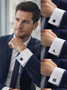 1/4 Pair Men's Classic Tone Cufflinks, Silver Black Striped Round/Square/Rectangular Cufflinks, Shirt Suit Cufflinks For Men - Silver Black - View 2