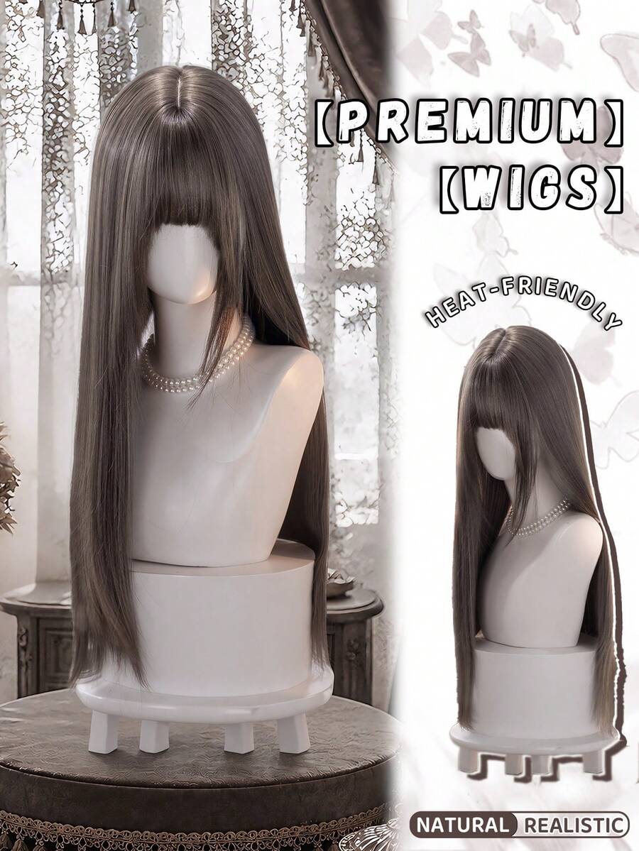 alicegarden 28-Inch Long Synthetic Wig Featuring A Natural Straight Style A Stunning Chocolate-Brown. Designed With Bangs , This False Hairpiece Is Perfect For Ms Daily Party Cosplay Use, Offering A Natural And Natural Durable Wig Gift For Ladies. - Chocolate Brown - View 1