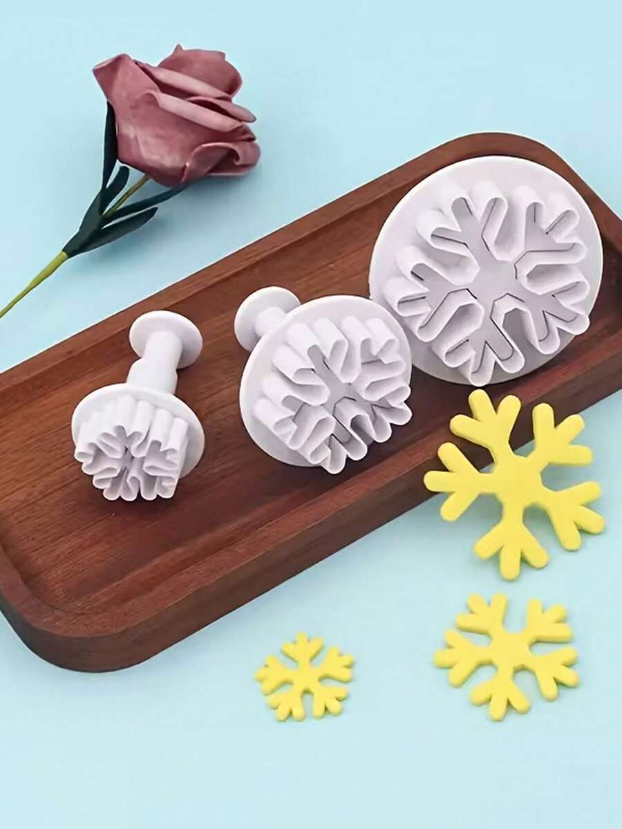3pcs Snowflake Cookie Cutter Set With Spring Stamp - Plastic Baking Mold Set, Suitable For Christmas Holiday Cookies, Baking Tools, Christmas, Halloween, Party - View 1