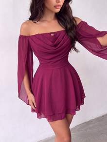 Women's Cold Shoulder Backless Chiffon Mini Dress, Long Sleeve A-Line Skirt, Ruffle Hem, Suitable For Summer Vacation And Casual Elegant Occasions Party Dress - Purple - View 4