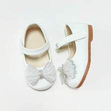 Girls' Glossy Patent Leather Mary Jane Shoes With Rhinestone Mesh Bow, Soft Sole Princess Dress Shoes For Wedding And Party - White - View 3
