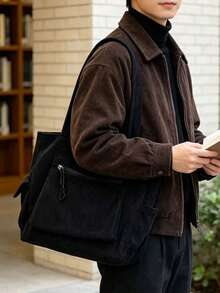 Men's Corduroy Tote Bag Large Capacity Casual Briefcase Multi-Pocket Shoulder Handbag For Work Office Commute Travel - Black - View 5