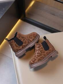 Kids Leopard Print Ankle Boots, Side Zipper & Elastic Panel Design, Round Toe Thick Sole Casual Short Boots For Toddler Girls, Daily Outdoor Wear - Mocha Brown - View 2
