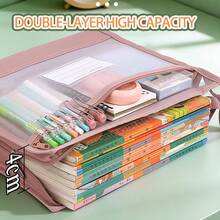 HUAJIE Double‑Layer Mesh Document Bag Portable Handheld File Folder Student Textbook Storage School Subject Organizer Bag - Single Piece - View 3