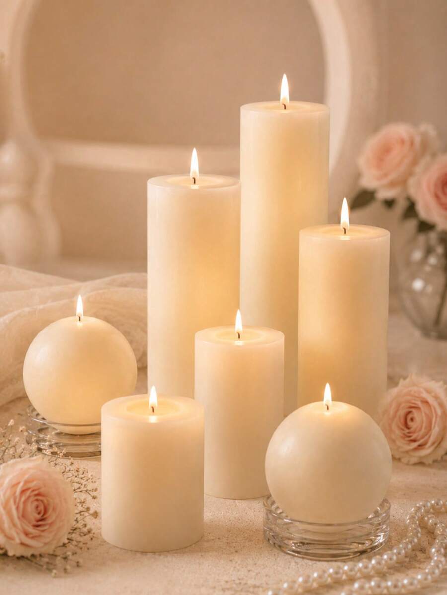 Multi-Size Ivory White Cylinder And Ball Decorative Candles, Suitable For Weddings, Dining Tables, Home Decor, Parties And Holiday Table Settings - Ivory White - View 1