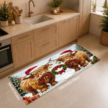 1pc Christmas Highland Cow Print Faux Wool Rug, Christmas Hat Long Fur Cow Wreath Gift Snow Scene Pattern Rectangular Soft Carpet, Holiday Theme Doormat, Kitchen Entryway Bedroom Living Room Doorway Home Decor Mat, Winter Christmas Atmosphere Decoration Rug - Multicolor - View 11