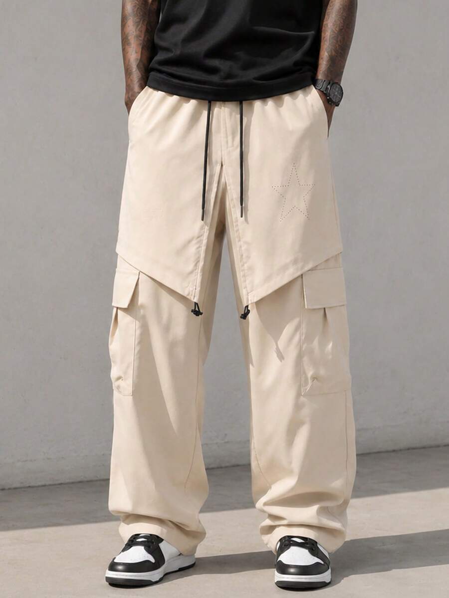 American Street Style Star Embroidery Men's 2 In 1 Drawstring Cargo Wide Leg Casual Pants - Apricot - View 1
