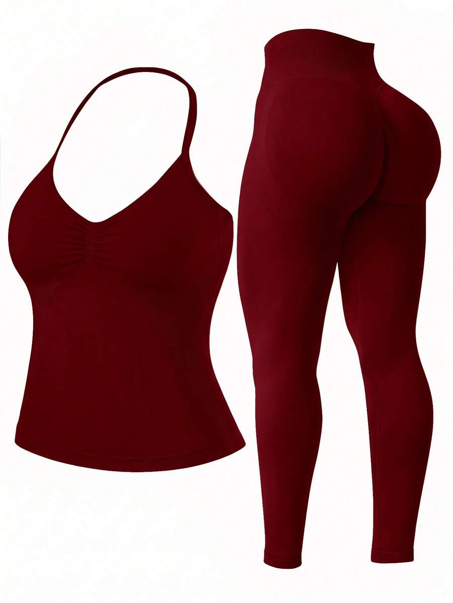 Women's Halter Neck Ruched Sports Tank Top & High Waist Seamless Yoga Pants, 2-Piece Fitness Set - Red - View 1