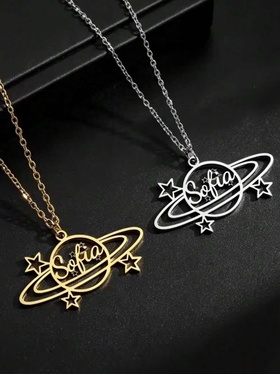 Customized Name Necklace, Personalized Planet Constellation Nameplate Necklace, Stainless Steel Name Necklace, Suitable As Birthday, Thanksgiving, Christmas Gift For Son, Daughter - Multicolor - View 1